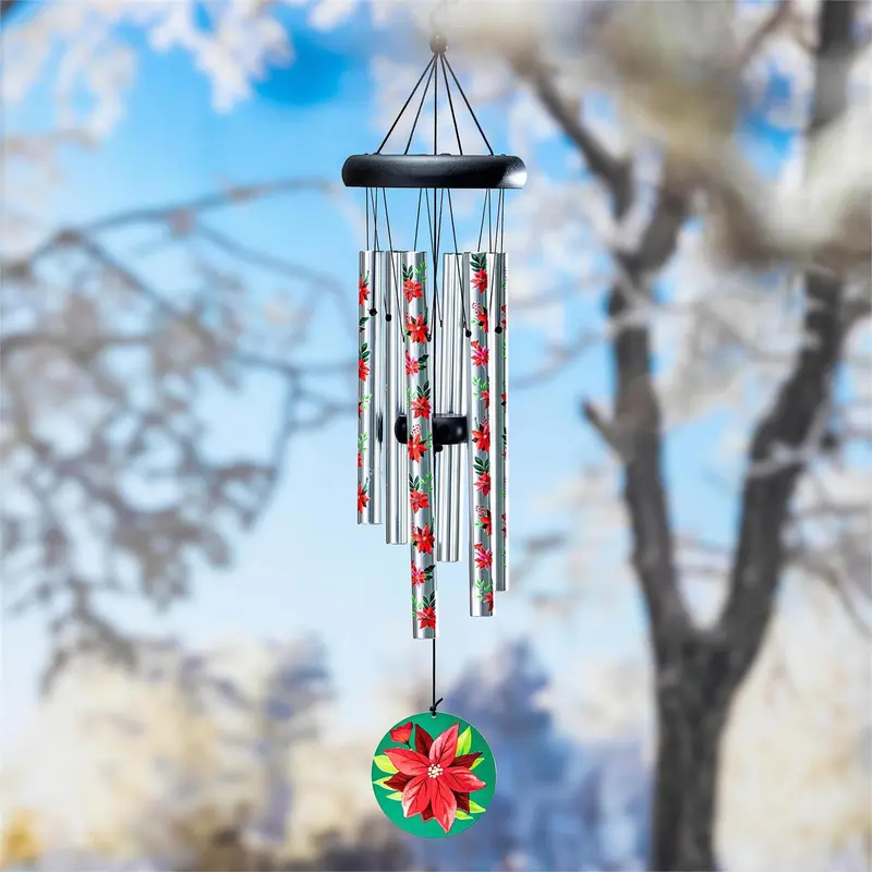 Avria Garden Accent, Printed Wind Chime, Vibrant Poinsettias, 27"