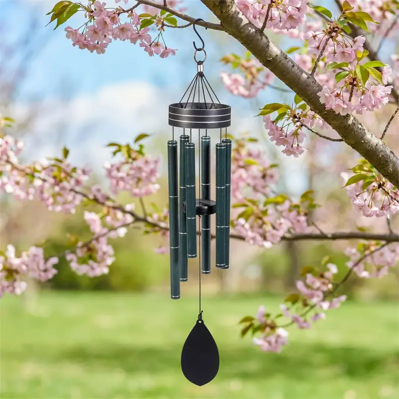 Avria Wind Chime, Tuned Wind Chime, Laser stripe on Ring Top, 27"H, Dark Green