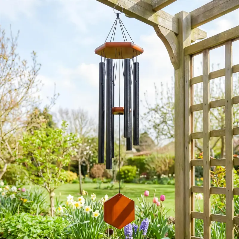 Avria Wind Chime, Tuned Windchime, Hexagonal Shaped Wood Sail and Ring Top,27"H, Black
