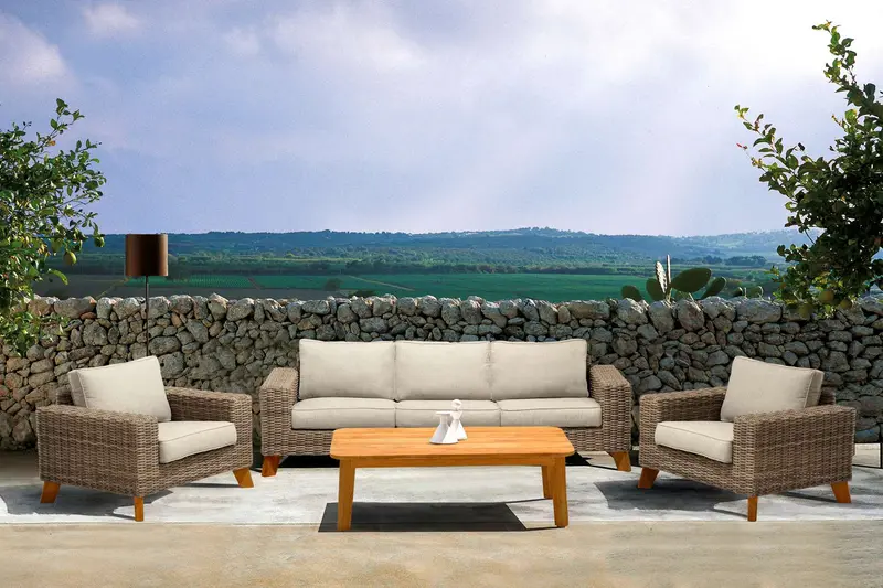 Bahamas Outdoor 4 Piece Wicker & Teak Sofa Seating Set with Beige Olefin By Armen Living