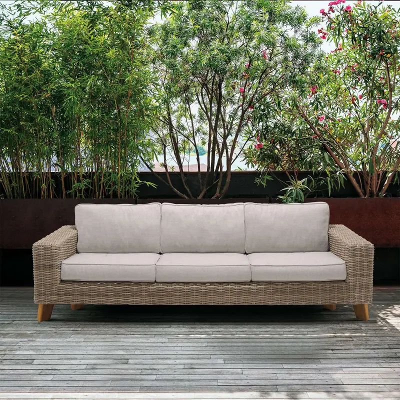 Bahamas Outdoor Wicker & Teak Wood Sofa with Beige Olefin By Armen Living