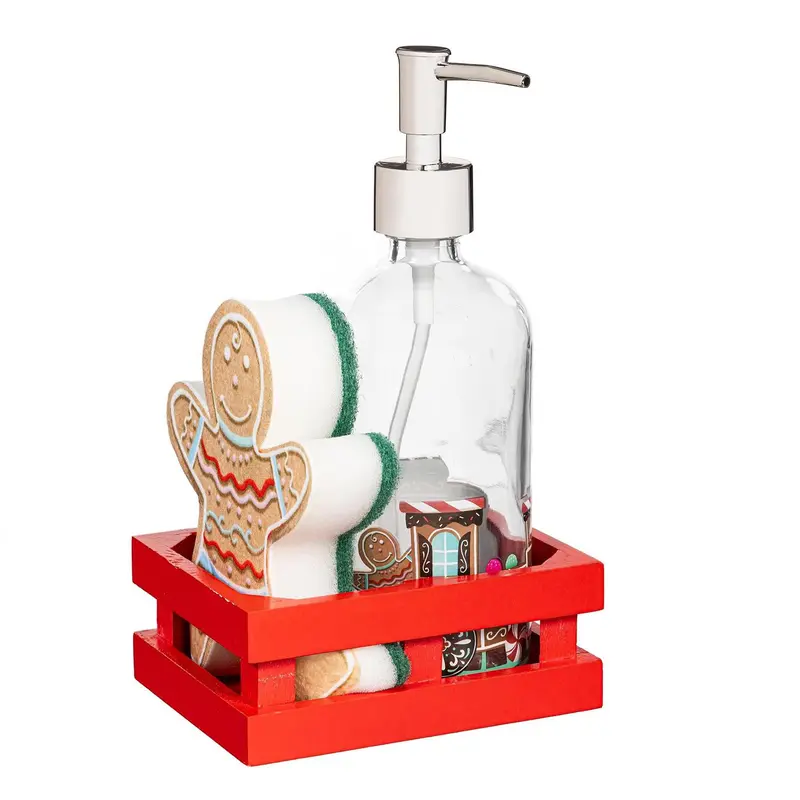 Baking Spirits Bright Kitchen Gift Set Glass Soap Dispenser and Sponge with Wood Crate Set