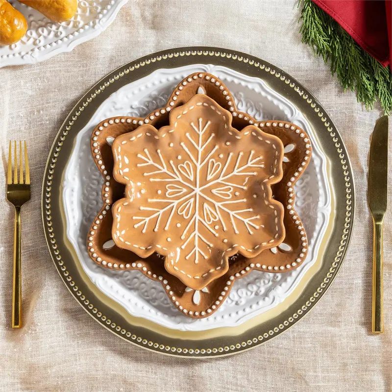 Baking Spirits Bright Plate Gingerbread Snowflake Shaped Embossed Ceramic Appetizer Plate, 7"
