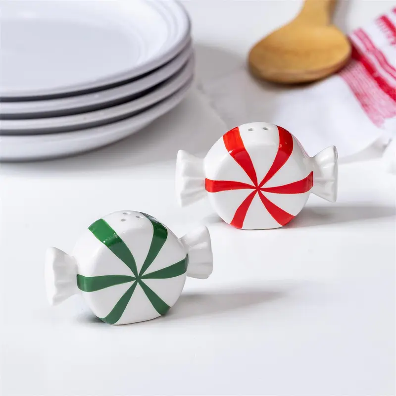 Baking Spirits Bright Salt & Pepper Shakers Ceramic Peppermint Candy, Set