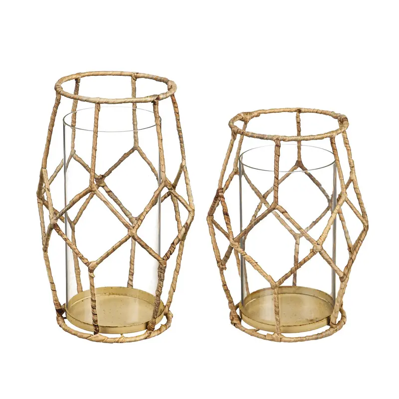 Bamboo and Glass Lanterns, Set of 2