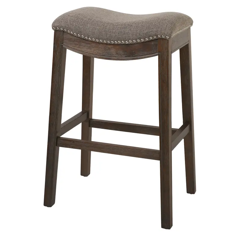 Bar Height Saddle Style Counter Stool With Taupe Fabric And Nail Head Trim By Homeroots
