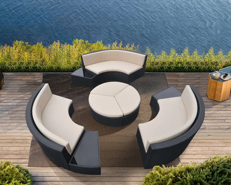 Barbados 9 piece Wicker Outdoor Patio Set in Black Powder Coated Finish with Water Resistant Beige Fabric Cushions By Armen Living