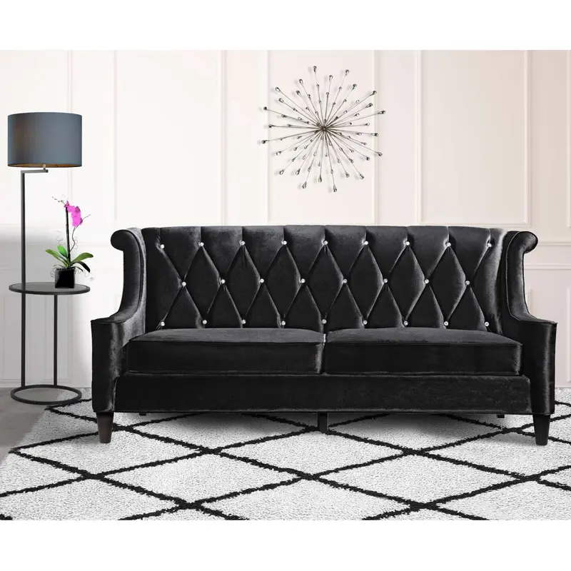 Barrister Sofa In Black Velvet With Crystal Buttons By Armen Living