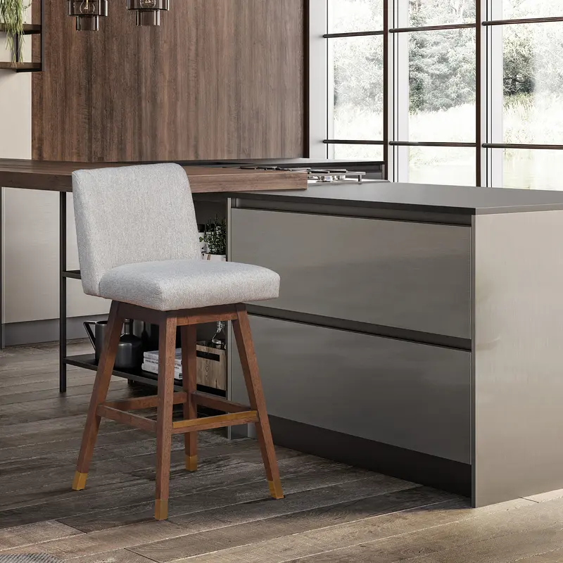 Basila Swivel Counter Stool in Brown Oak Wood Finish with Taupe Fabric By Armen Living