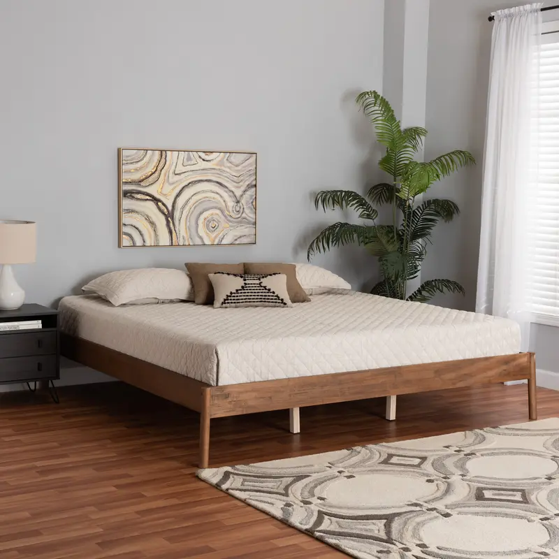 Baxton Studio Agatis Mid-Century Modern Ash Walnut Finished Wood Queen Size Bed Frame