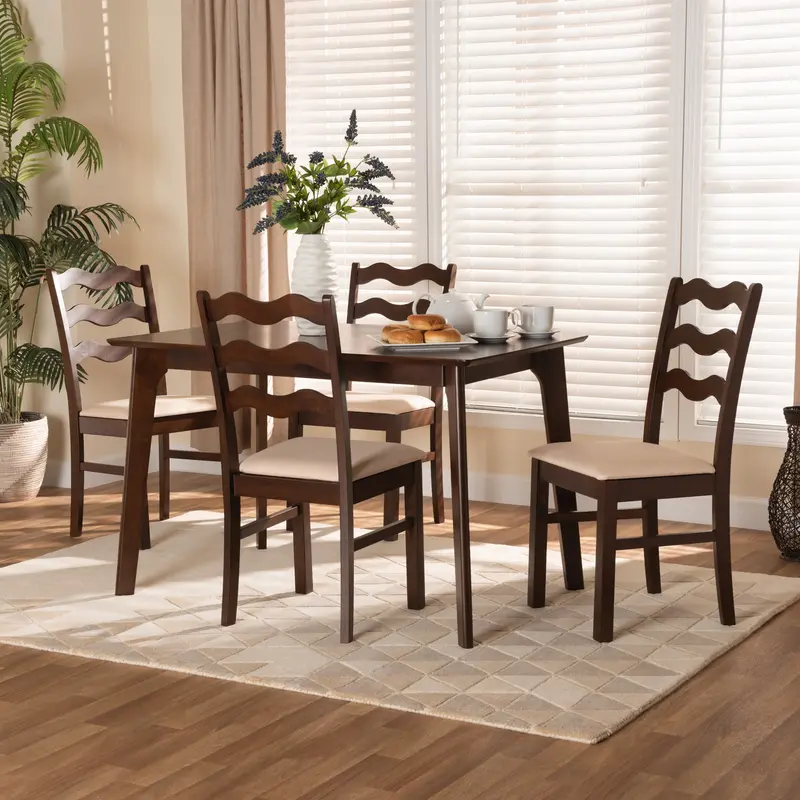 Baxton Studio Amara Mid-Century Modern Cream Fabric and Dark Brown Finished Wood 5-Piece Dining Set