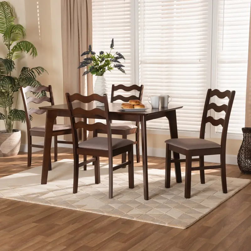 Baxton Studio Amara Mid-Century Modern Warm Grey Fabric and Dark Brown Finished Wood 5-Piece Dining Set