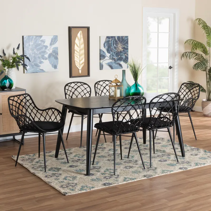 Baxton Studio Aniceta Modern Bohemian Black Finished Wood and Rattan 7-Piece Dining Set