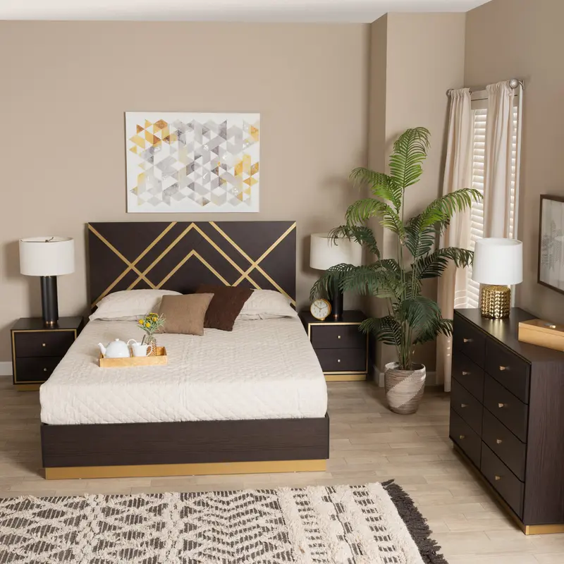 Baxton Studio Arcelia Contemporary Glam and Luxe Two-Tone Dark Brown and Gold Finished Wood Queen Size 4-Piece Bedroom Set
