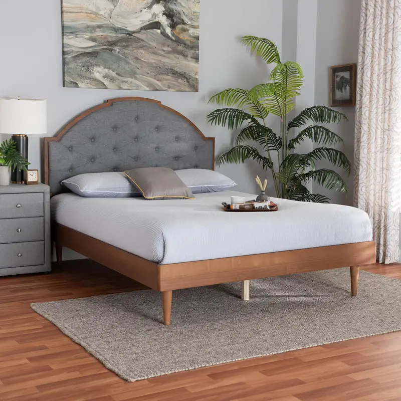 Baxton Studio Ardelle Mid-Century Modern Grey Fabric and Walnut Brown Wood King Size Platform Bed