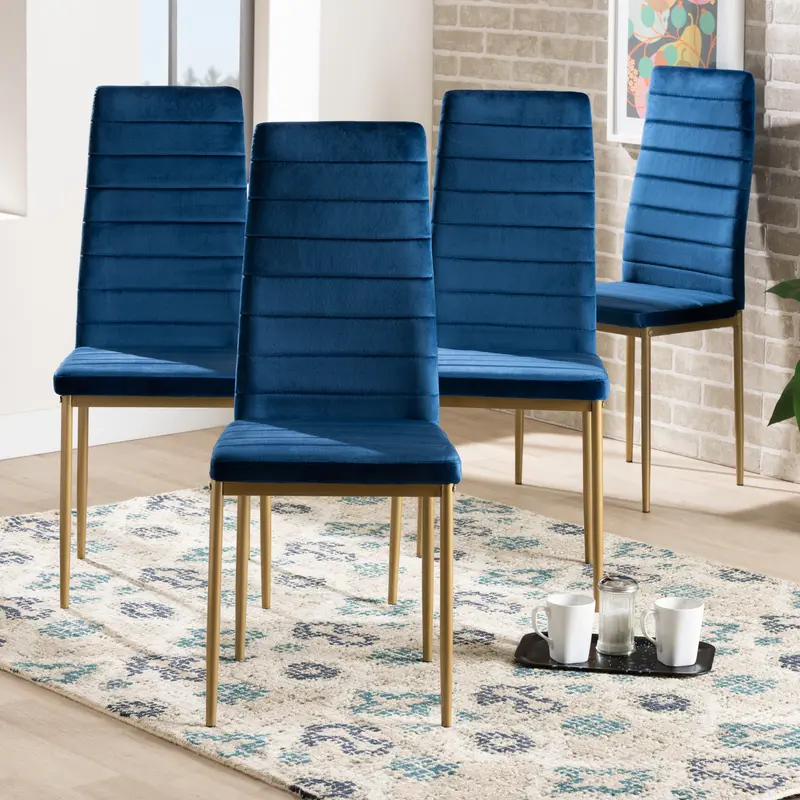 Baxton Studio Armand Modern Glam and Luxe Navy Blue Velvet Fabric Upholstered and Gold Finished Metal 4-Piece Dining Chair Set