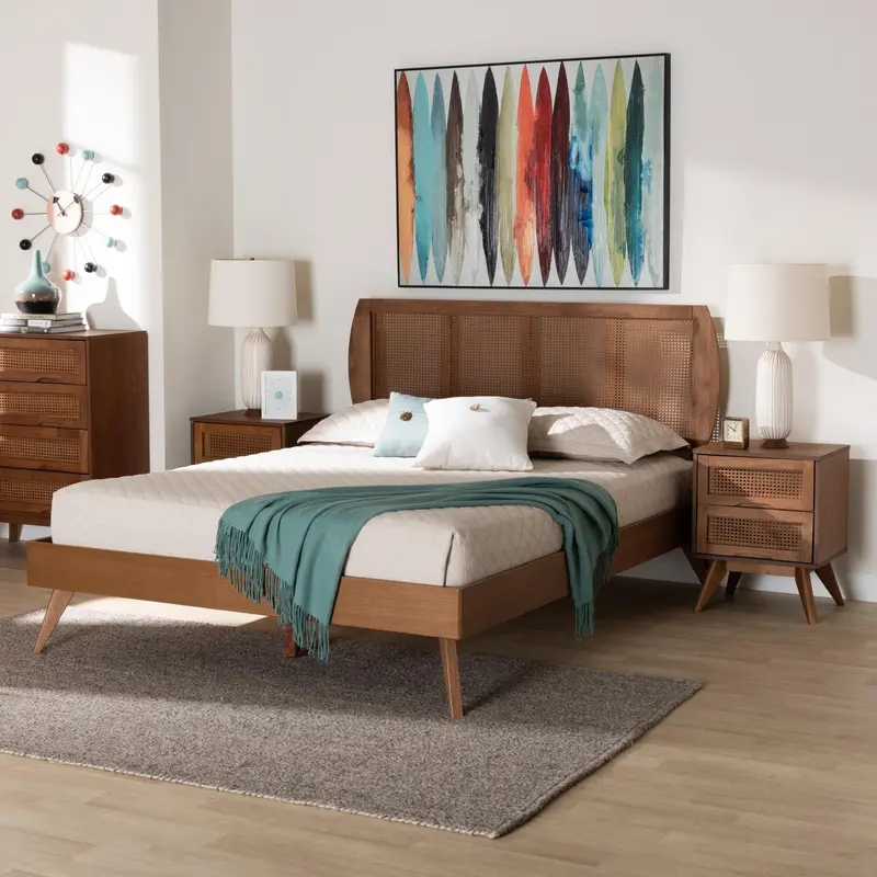 Baxton Studio Asami Mid-Century Modern Walnut Brown Finished Wood and Woven Rattan Queen Size 3-Piece Bedroom Set