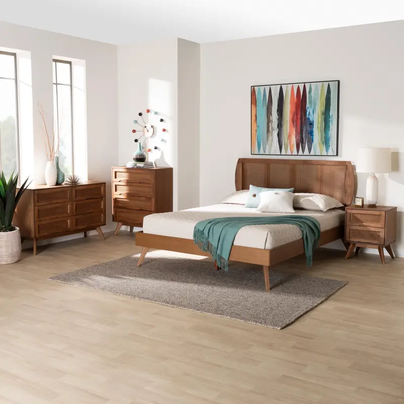 Baxton Studio Asami Mid-Century Modern Walnut Brown Finished Wood and Woven Rattan Queen Size 4-Piece Bedroom Set