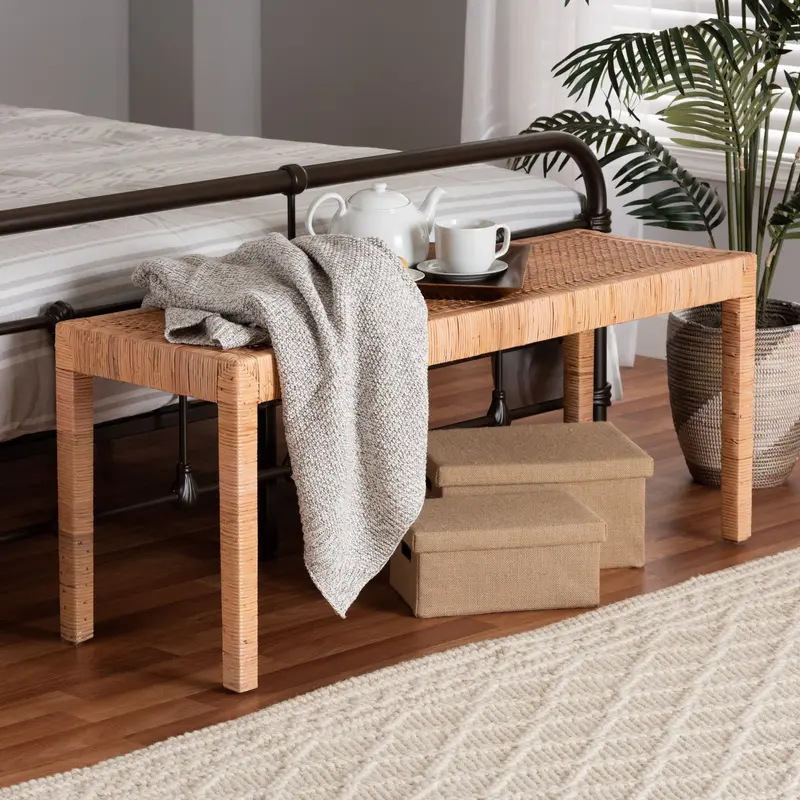 Baxton Studio bali & pari Abelia Modern Bohemian Natural Rattan and Mahogany Wood Long Accent Bench