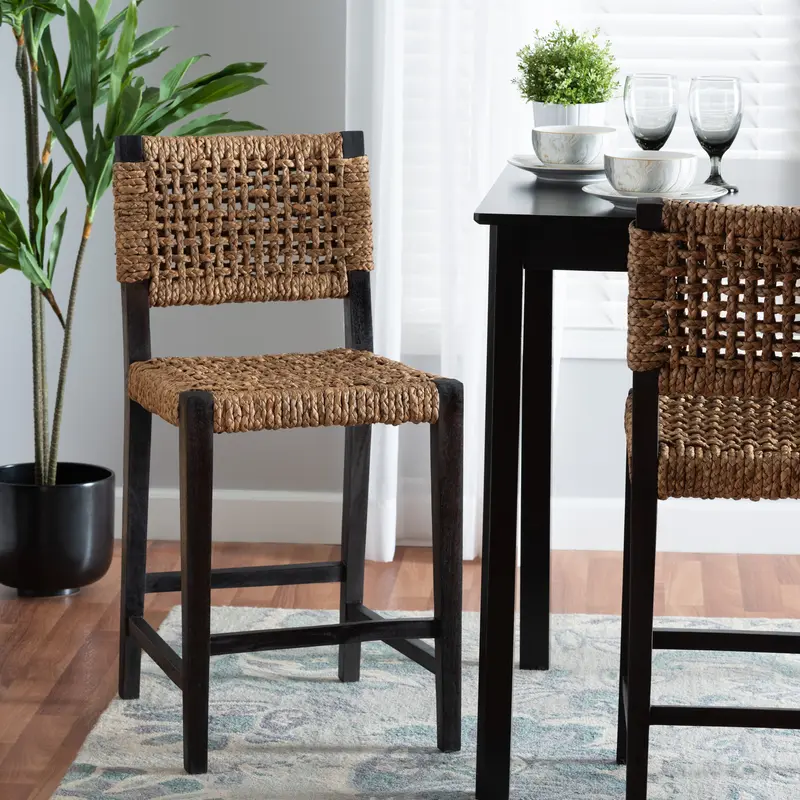 Baxton Studio bali & pari Alise Modern Bohemian Dark Brown Mahogany Wood and Seagrass Counter Stool