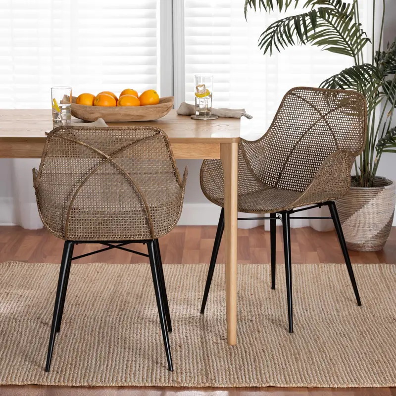 Baxton Studio bali & pari Ballerina Modern Bohemian Greywashed Rattan and Black Metal 2-Piece Dining Chair Set