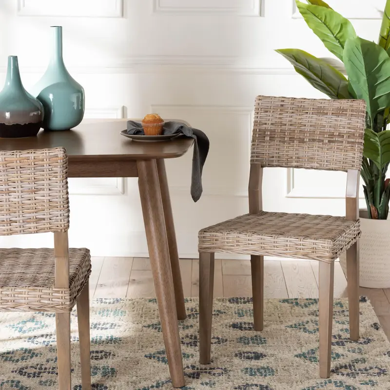 Baxton Studio bali & pari Barossa Bohemian Grey Kubu Rattan and Mahogany Wood Dining Chair