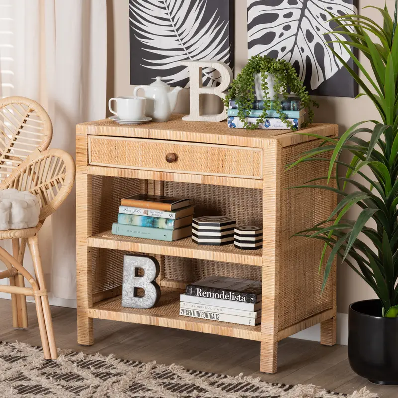 Baxton Studio bali & pari Bella Modern Bohemian Natural Brown Mahogany Wood and Natural Rattan 1-Drawer Console Table