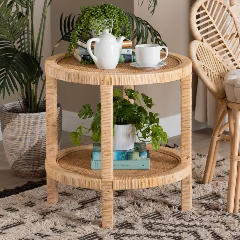 Baxton Studio bali & pari Bella Modern Bohemian Natural Brown Mahogany Wood and Natural Rattan 2-Tier End Table