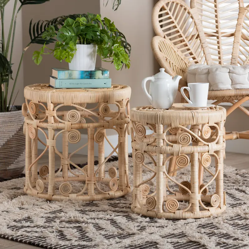 Baxton Studio bali & pari Bowie Modern Bohemian Natural Brown Rattan 2-Piece Nesting End Table Set