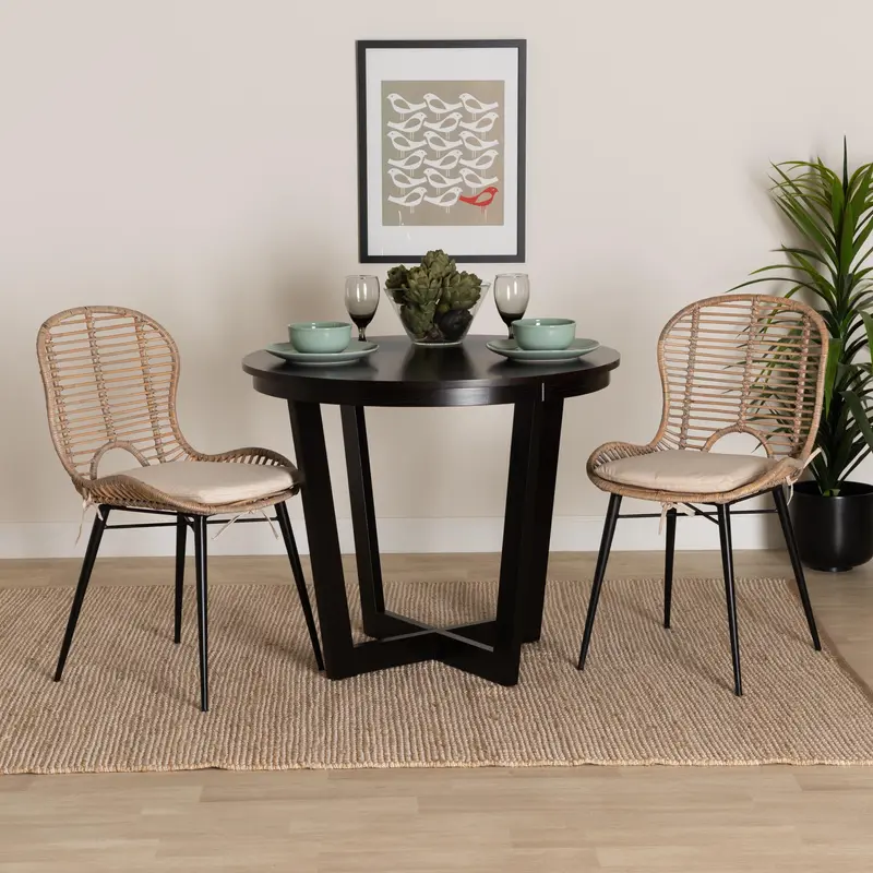 Baxton Studio bali & pari Brenna Modern Bohemian Greywashed Rattan and Black Metal 2-Piece Dining Chair Set