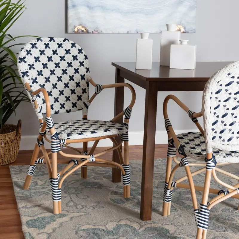 Baxton Studio bali & pari Bryson Modern French Blue and White Weaving and Natural Rattan Bistro Chair