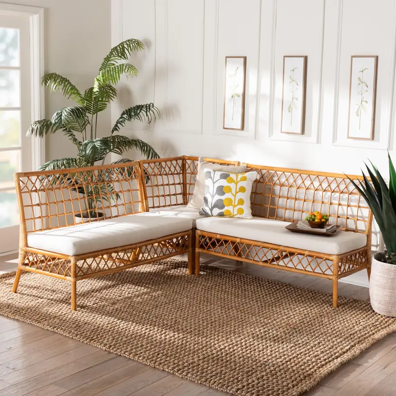 Baxton Studio bali & pari Capella Modern Bohemian Honey Rattan 3-Piece Dining Nook Banquette Set