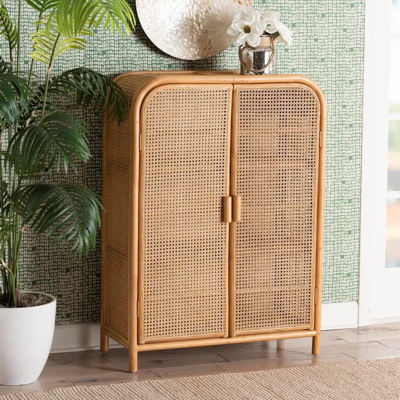 Baxton Studio bali & pari Curacao Modern Bohemian Light Honey Rattan 2-Door Storage Cabinet