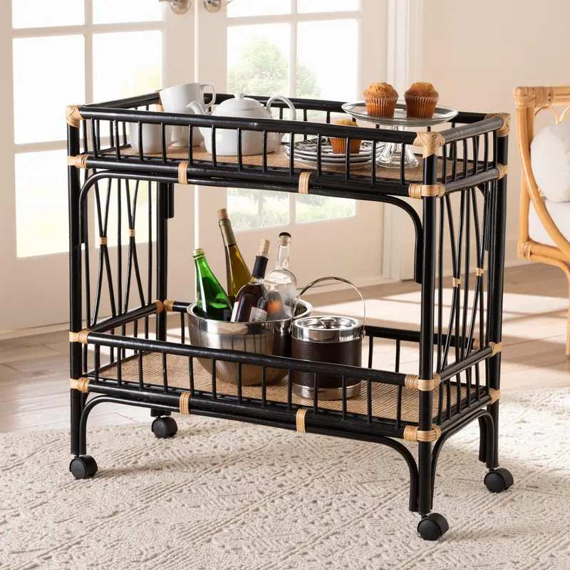Baxton Studio bali & pari Dalinda Modern Bohemian Two-Tone Black and Natural Brown Rattan 2-Tier Kitchen Cart