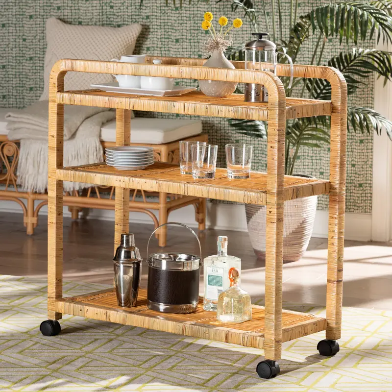 Baxton Studio bali & pari Delphine Modern Bohemian Natural Rattan Kitchen Cart