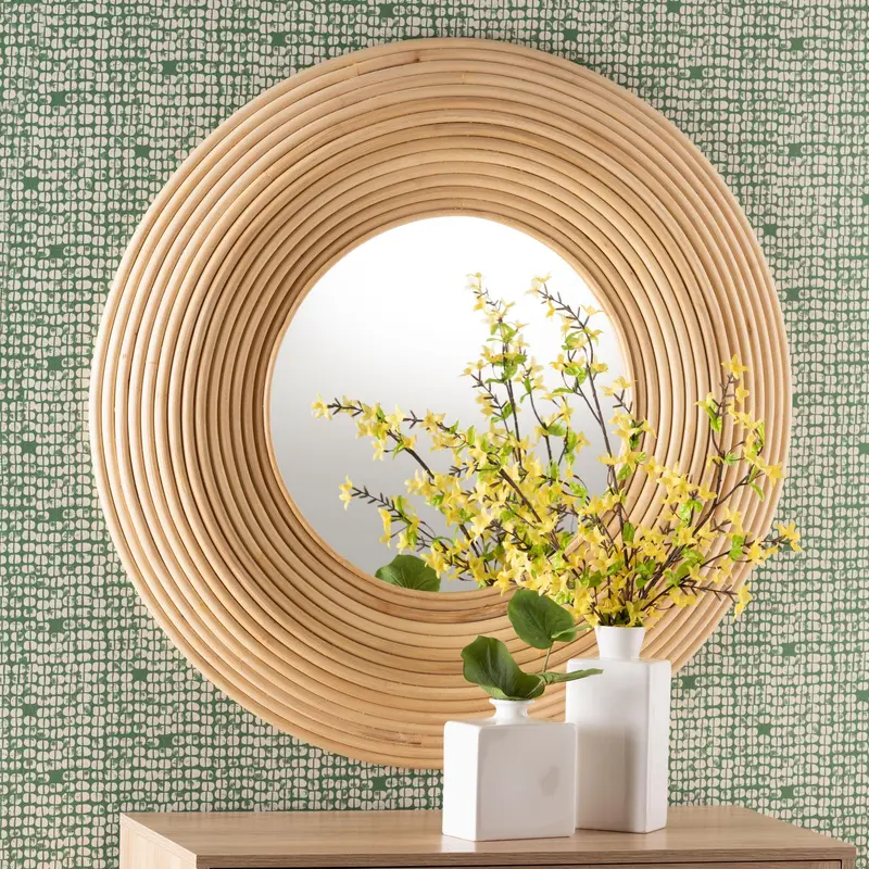 Baxton Studio bali & pari Drucilla Modern Bohemian Natural Brown Rattan Round Accent Wall Mirror
