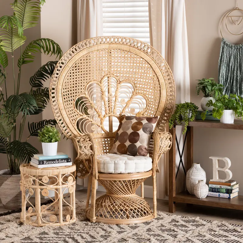 Baxton Studio bali & pari Ediva Modern Bohemian Natural Brown Rattan Peacock Accent Chair