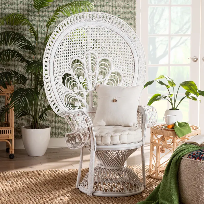 Baxton Studio bali & pari Ediva Modern Bohemian White Natural Rattan Peacock Accent Chair