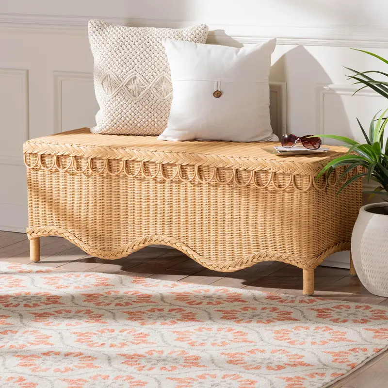 Baxton Studio bali & pari Erla Bohemian Light Honey Rattan Accent Bench with Scallop border