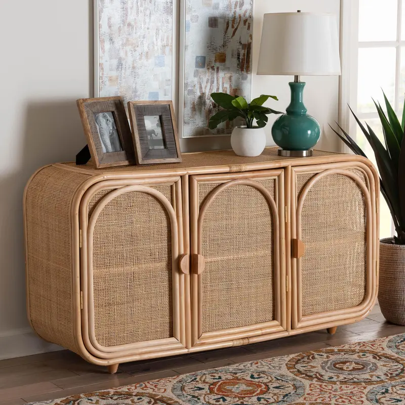 Baxton Studio bali & pari Evania Bohemian Natural Rattan 3-Door Storage Cabinet