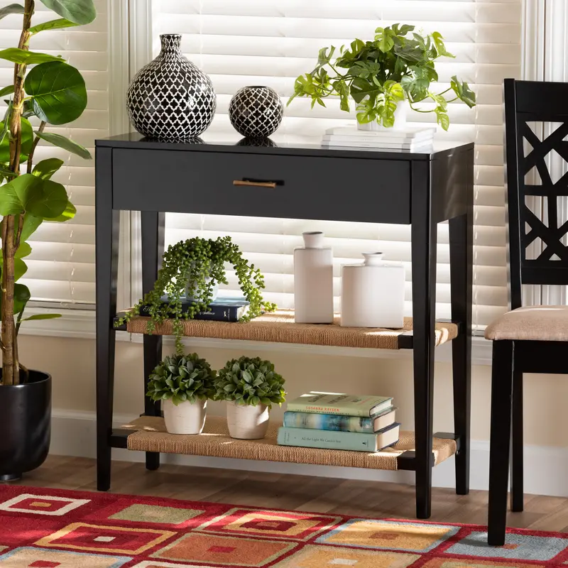 Baxton Studio bali & pari Freya Modern Bohemian Black Finished Bayur Wood 1-Drawer Console Table
