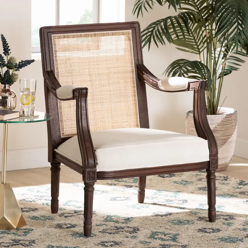 Baxton Studio bali & pari Garridan Traditional French Beige Fabric and Dark Brown Finished Wood Accent Chair