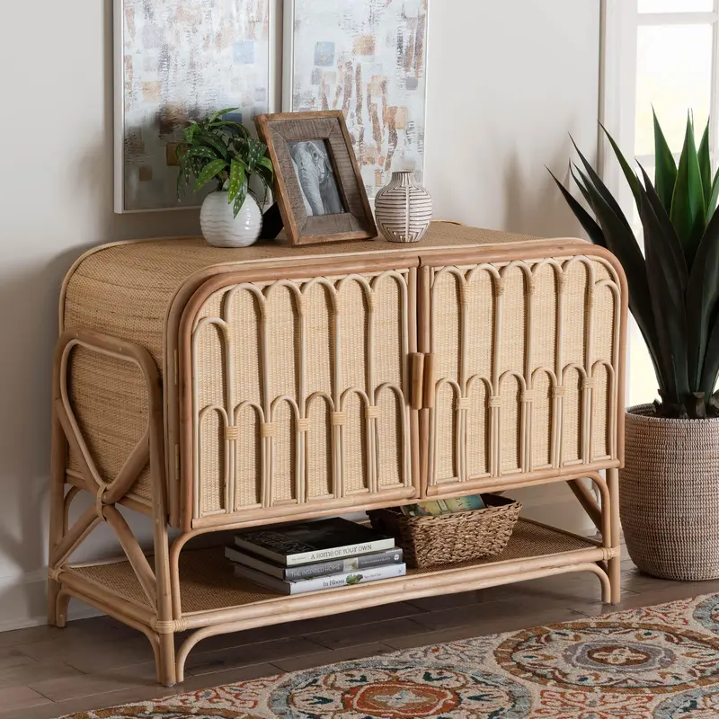 Baxton Studio bali & pari Gitano Bohemian Natural Rattan 2-Door Storage Cabinet