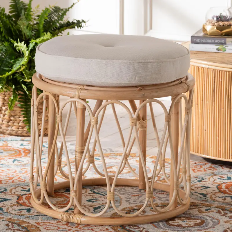 Baxton Studio bali & pari Hachiro Bohemian Natural Rattan Ottoman Footstool