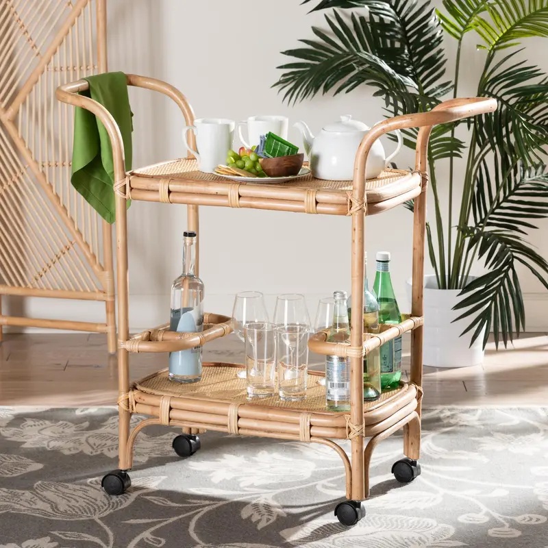 Baxton Studio bali & pari Hadia Modern Bohemian Natural Brown Rattan Wine Cart