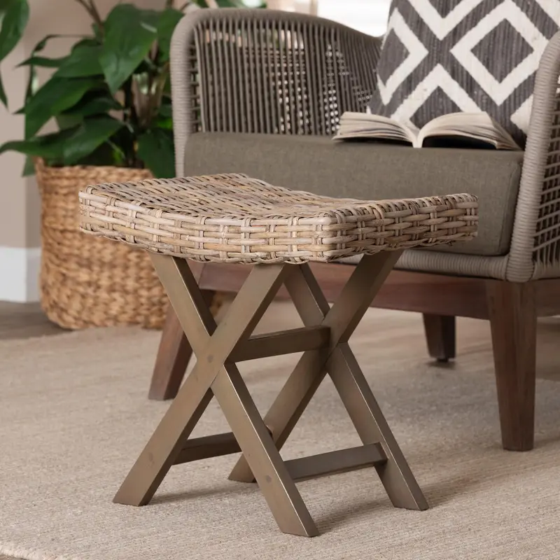Baxton Studio bali & pari Hayate Bohemian Grey Kubu Rattan and Mahogany Wood Ottoman Footstool