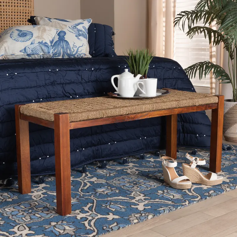 Baxton Studio bali & pari Hermes Mid-Century Modern Transitional Natural Seagrass and Mahogany Wood Bench