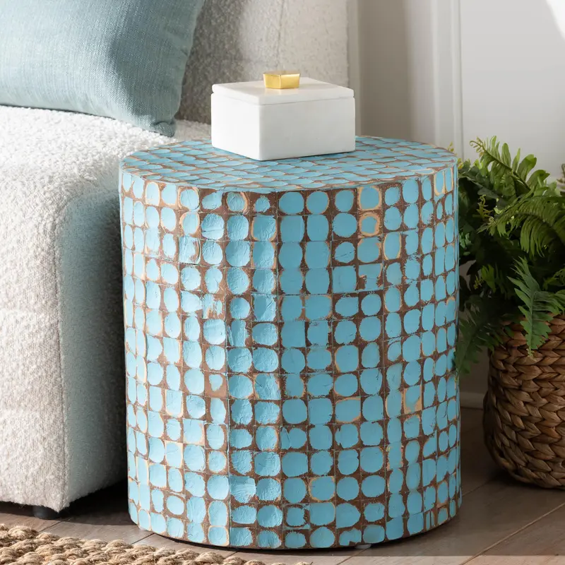 Baxton Studio bali & pari Juliette Bohemian Sky Blue Coconut Shell and Acacia Wood End Table