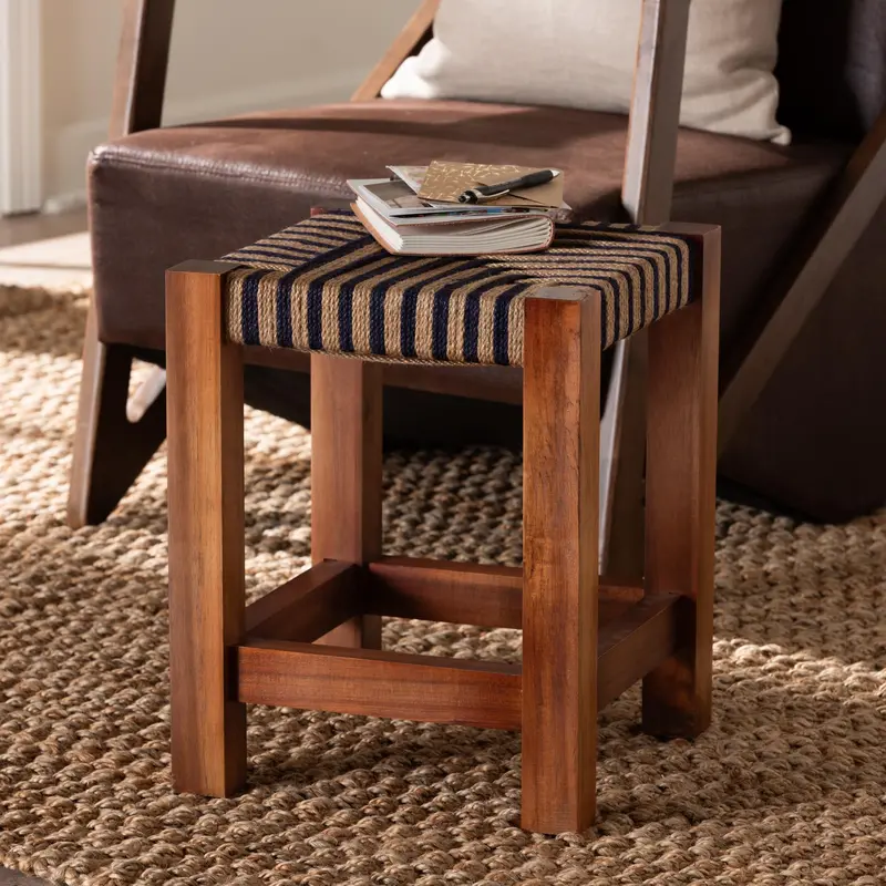 Baxton Studio bali & pari Kailas Modern Bohemian Two-Tone Navy Blue and Natural Brown Seagrass and Natural Brown Acacia Wood Footstool