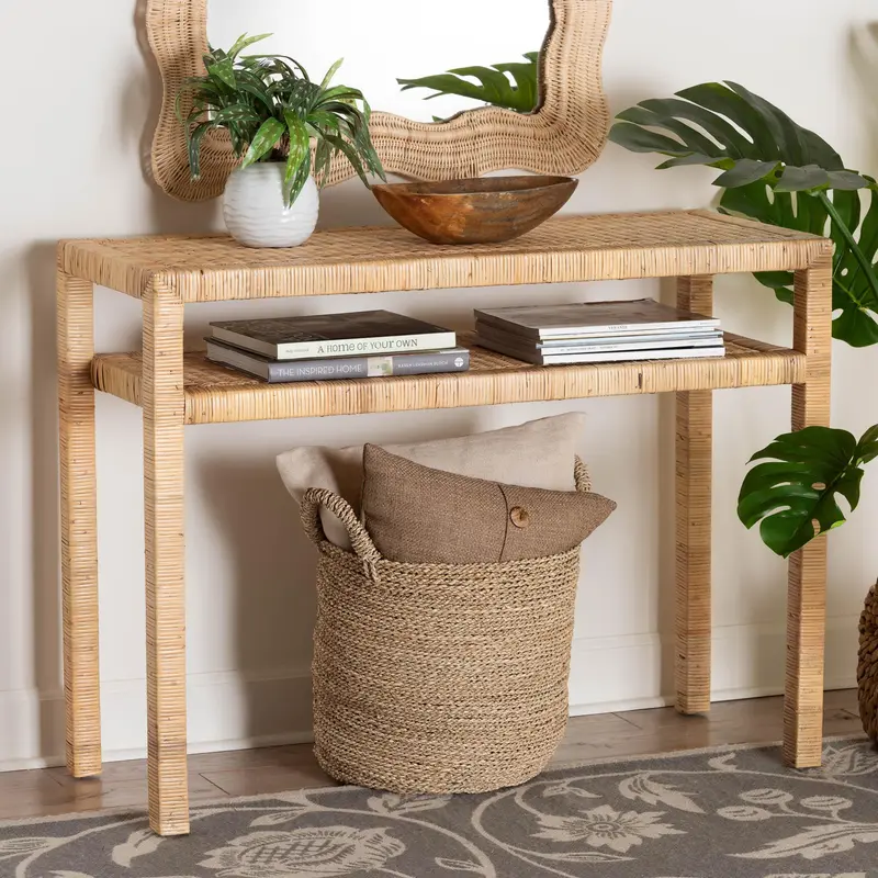Baxton Studio bali & pari Kalimantan Bohemian Light Honey Rattan and Acacia Wood Console Table